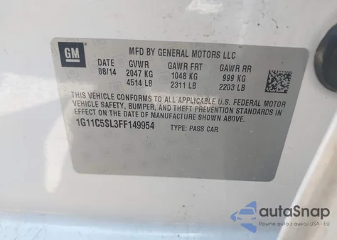 2015 Chevrolet Malibu 1Lt из США, поврежденный, VIN 1G11C5SL3FF149954